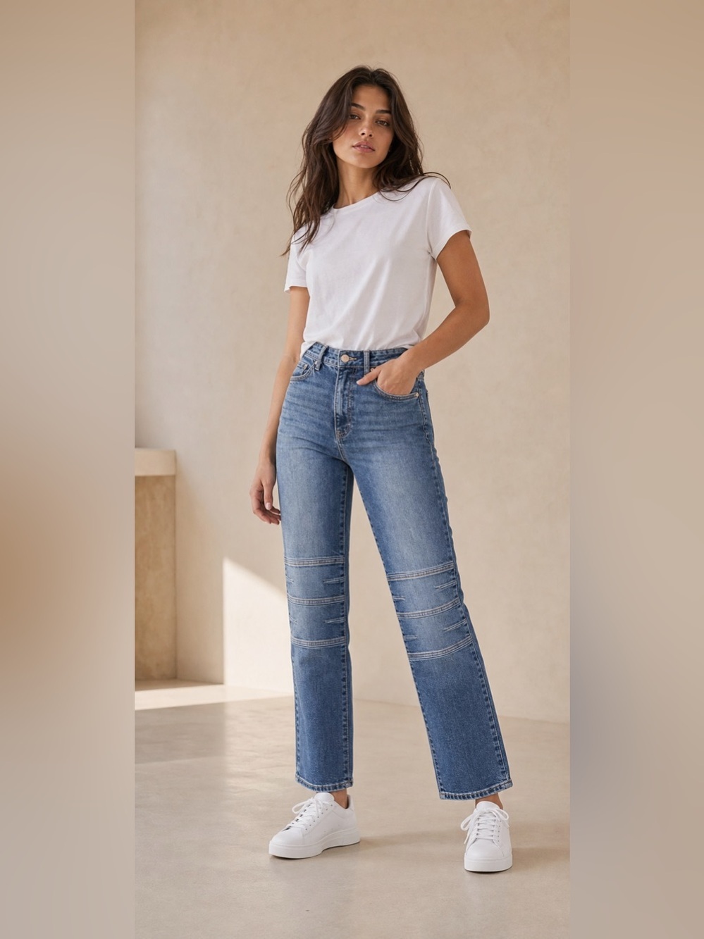 Good American Knee Panel Stitched Straight Leg Jeans Size 4/27 NWT Indigo $179